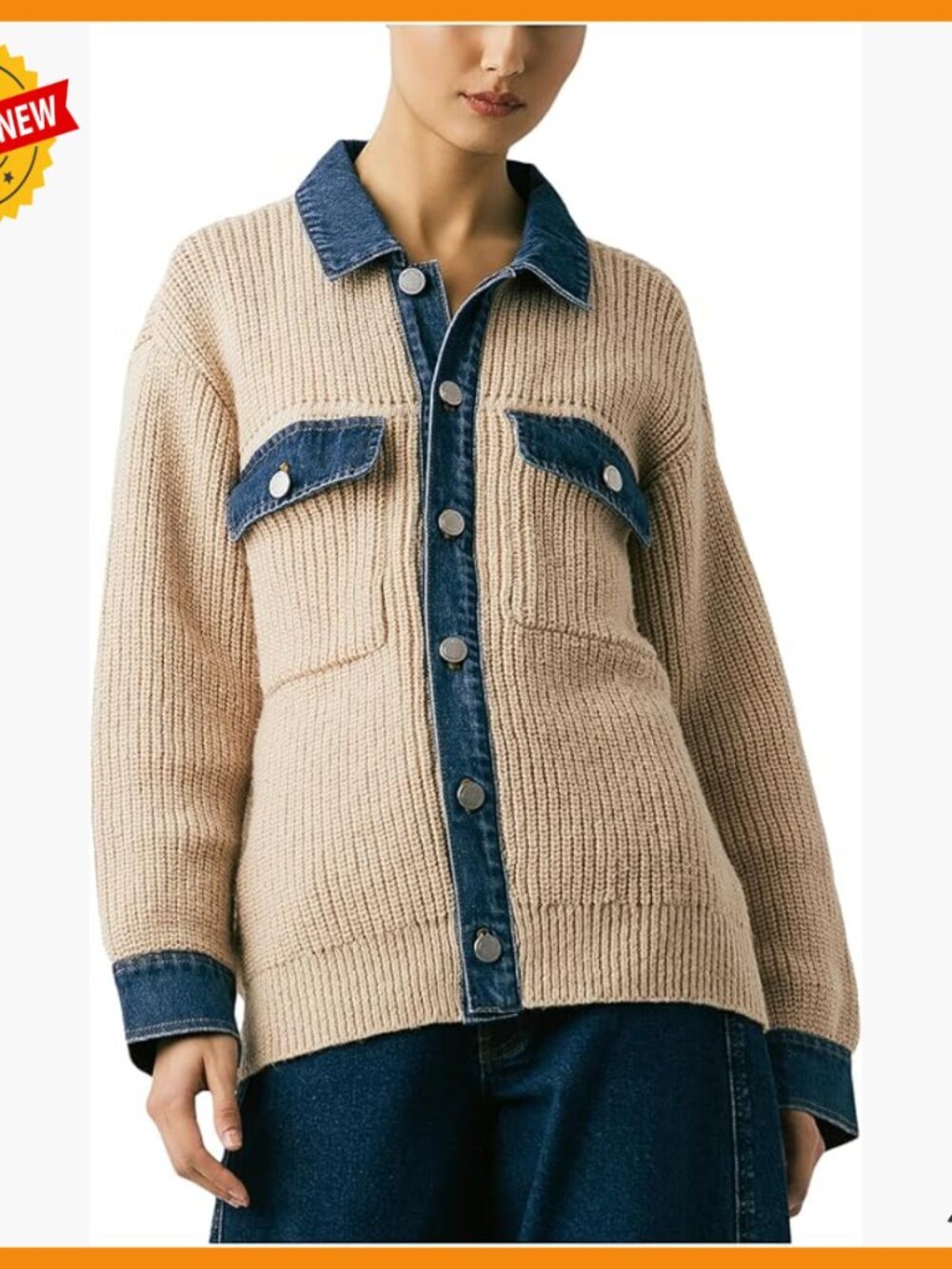 Denim Detail Cardigan Sweater Women's Casual Layering Piece